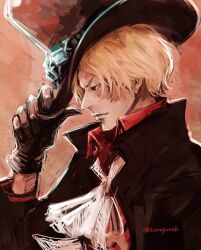 Rule 34 | 1boy, ascot, black coat, blonde hair, closed mouth, coat, collared coat, collared shirt, commentary request, gloves, goggles, goggles on headwear, hand on headwear, hat, male focus, one piece, profile, red shirt, sabo (one piece), scar, scar on face, shirt, short hair, simple background, solo, top hat, torapunch, twitter username, upper body, white ascot