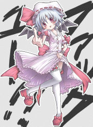 Rule 34 | 1girl, :p, bad id, bad pixiv id, bat wings, blue hair, blush, clothes lift, dress, dress lift, female focus, hat, middle finger, panties, panties around leg, profanity, red eyes, red panties, remilia scarlet, short hair, skirt, skirt lift, solo, thighhighs, tongue, tongue out, touhou, underwear, wings, yaki mayu