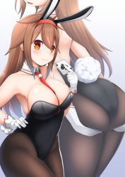 Rule 34 | 1girl, animal ears, black leotard, black pantyhose, blush, breasts, brown eyes, brown hair, card, closed mouth, commentary, fake animal ears, fake tail, gloves, hair between eyes, hair flaps, hairband, hand on own hip, hands on own ass, highres, holding, kantai collection, large breasts, leotard, long hair, necktie, pantyhose, playboy bunny, rabbit ears, rabbit tail, red hairband, red necktie, selvalanch, shiratsuyu (kancolle), simple background, smile, solo, tail, white background, white gloves