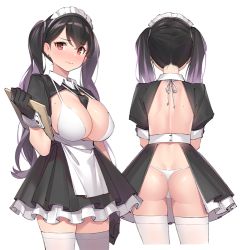 Rule 34 | 1girl, 3:, ass, backless dress, backless outfit, between breasts, bikini, black dress, black gloves, black hair, blush, breasts, butt crack, cleavage, copyright request, dress, frown, gloves, gradient hair, halterneck, holding, large breasts, long hair, looking at viewer, maid, maid headdress, mole, mole on ass, mole on breast, multicolored hair, multiple views, necktie, original, pleated dress, popqn, red eyes, short sleeves, string bikini, swimsuit, thighhighs, thong bikini, twintails, white bikini, white thighhighs, wing collar