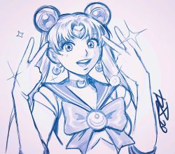 Rule 34 | 1girl, bad id, bad twitter id, bishoujo senshi sailor moon, choker, commentary, crescent, crescent earrings, double bun, double v, earrings, elbow gloves, english commentary, gloves, hair bun, highres, jewelry, long hair, monochrome, robaato, sailor moon, sailor senshi uniform, signature, sketch, solo, sparkle, tsukino usagi, twintails, v