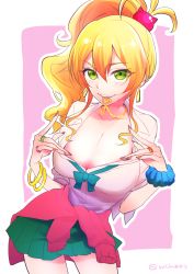 Rule 34 | 1girl, blonde hair, breasts, cleavage, gyaru, hajimete no gal, jewelry, large breasts, long hair, looking at viewer, mouth hold, necklace, necklace in mouth, ponytail, solo, standing, tied hair, yame yukana