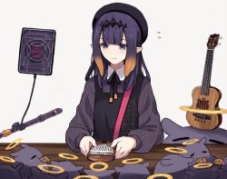 Rule 34 | 1girl, :3, acoustic guitar, ao-chan (ninomae ina&#039;nis), beret, black dress, black headwear, black ribbon, blue eyes, blush, cable, closed mouth, collared shirt, commentary, cookie, dress, flute, flying sweatdrops, food, gradient hair, guitar, halo, hat, hololive, hololive english, instrument, kalimba, long sleeves, mole, mole under eye, multicolored hair, neck ribbon, ninomae ina&#039;nis, ninomae ina&#039;nis (casual), octopus, pink bag, pointy ears, puffy long sleeves, puffy sleeves, purple shirt, recorder, ribbon, shirt, sidelocks, simple background, sleeveless, sleeveless dress, striped clothes, striped shirt, symbol-only commentary, table, tablet pc, takodachi (ninomae ina&#039;nis), tentacle hair, tiara, virtual youtuber, yuuyu (777)