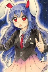 Rule 34 | 1girl, absurdres, animal ears, black jacket, blazer, buttons, collared shirt, commentary request, crescent, crescent pin, finger gun, highres, jacket, long hair, long sleeves, maa (forsythia1729), marker (medium), necktie, open mouth, pink skirt, pleated skirt, purple hair, rabbit ears, red eyes, red necktie, reisen udongein inaba, shirt, skirt, touhou, traditional media, very long hair, white shirt