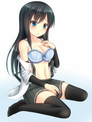 Rule 34 | 10s, 1girl, alternate breast size, arm warmers, asashio (kancolle), black hair, black thighhighs, blue bra, blue eyes, bow, bow bra, bra, dress shirt, gradient background, hanazome dotera, hand on own chest, kantai collection, long hair, open clothes, open shirt, pleated skirt, shirt, sitting, skirt, solo, suspender skirt, suspenders, thighhighs, underwear