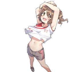 Rule 34 | 1girl, :d, aa211108, armpits, arms on head, blush, breasts, brown hair, clothes lift, collarbone, dot nose, feet out of frame, from above, full body, groin, hair between eyes, hair ornament, hairpin, idolmaster, idolmaster million live!, idolmaster million live! theater days, kasuga mirai, lesson wear (idolmaster million live!), looking at viewer, medium hair, navel, official alternate costume, open mouth, shirt lift, shoes, shorts, side ponytail, sidelocks, simple background, small breasts, smile, sneakers, solo, two-tone shirt, white background, wind, wind lift, yellow eyes