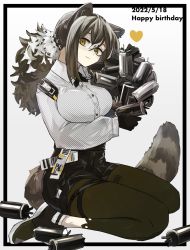 Rule 34 | 1girl, animal ears, animal hands, arknights, black border, black ribbon, black shorts, blouse, border, breasts, brown hair, collared shirt, cross tie, dated, explosive, freckles, full body, green pantyhose, hair between eyes, happy birthday, heart, highres, holding, iwashi 80, large breasts, long hair, long sleeves, looking at viewer, mine (weapon), multicolored hair, neck ribbon, outside border, pantyhose, pantyhose under shorts, ponytail, raccoon ears, raccoon girl, raccoon tail, ribbon, robin (arknights), seiza, shirt, shorts, simple background, sitting, smile, solo, streaked hair, tail, white background, white hair, white shirt, yellow eyes