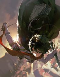 Rule 34 | 1girl, black hair, blurry, blurry background, building, cloak, depth of field, dino (dinoartforame), dutch angle, falling, from above, grey eyes, highres, holding, holding sword, holding weapon, long sleeves, looking to the side, midair, mikasa ackerman, motion blur, paradis military uniform, pov, red scarf, scarf, serious, shingeki no kyojin, short hair, solo, sunlight, sunrise, sword, weapon, white sleeves