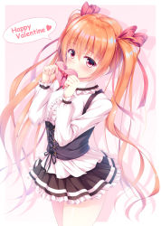 Rule 34 | 1girl, black skirt, blush, bow, box, breasts, brown hair, center frills, closed mouth, collared shirt, commentary request, frilled shirt collar, frilled skirt, frills, gift, gift box, gradient background, hair bow, hands up, happy valentine, heart-shaped box, highres, holding, holding gift, medium breasts, naoki (endofcentury102), original, pantyhose, pink background, pleated skirt, purple eyes, red bow, shirt, sidelocks, skirt, smile, solo, speech bubble, twintails, underbust, white background, white pantyhose, white shirt