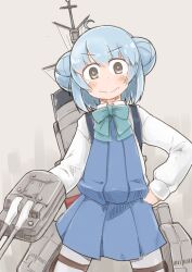 Rule 34 | 1girl, adapted turret, alternate color, blue dress, blue hair, brown eyes, cannon, collared shirt, commission, cosplay, cowboy shot, double bun, dress, dress shirt, enjaku izuku, hair bun, halter dress, halterneck, highres, kantai collection, looking at viewer, pantyhose, pleated dress, samuel b. roberts (kancolle), shirt, short hair, solo, turret, white pantyhose, white shirt, yuugumo (kancolle), yuugumo (kancolle) (cosplay)