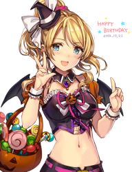 Rule 34 | 10s, 1girl, 2014, :d, ayase eli, bat wings, blonde hair, blue eyes, blush, breasts, candy, dated, detached collar, double bun, food, halloween, happy birthday, hat, jack-o&#039;-lantern, lollipop, long hair, looking at viewer, love live!, love live! school idol festival, love live! school idol project, medium breasts, midriff, mini hat, mini witch hat, momoko (momopoco), navel, open mouth, ponytail, smile, solo, star (symbol), upper body, v, white background, wings, witch hat, wrist cuffs