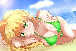 Rule 34 | 1girl, armpits, bare shoulders, beach, bikini, blonde hair, blush, breasts, cleavage, closed mouth, cloud, eine (ein-faust), green bikini, green eyes, heanna sumire, highres, large breasts, lens flare, long hair, looking at viewer, love live!, love live! superstar!!, lying, navel, ocean, on side, outdoors, sand, sky, smile, solo, sun, swimsuit, water
