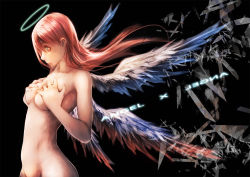 Rule 34 | 1girl, angel, angel wings, breast hold, breasts, completely nude, covering privates, covering breasts, female focus, groin, halo, hu dako, large breasts, long hair, navel, nude, original, red hair, revision, solo, wings