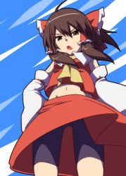 Rule 34 | 1girl, angry, bike shorts, bow, brown eyes, brown hair, day, detached sleeves, female focus, from below, frown, hair bow, hakurei reimu, japanese clothes, leon (mikiri hassha), looking at viewer, looking down, midriff peek, miko, navel, skirt, sky, solo, touhou