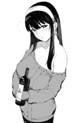 Rule 34 | 1girl, :o, alcohol, bare shoulders, black hair, blush, bottle, breasts, cleavage, collarbone, drunk, earrings, from side, full-face blush, greyscale, hai ookami, hair down, hairband, holding, holding bottle, jewelry, large breasts, long hair, looking at viewer, mature female, monochrome, off-shoulder sweater, off shoulder, pantyhose, raised eyebrows, sidelocks, simple background, solo, spy x family, squeans, straight hair, sweater, wine bottle, yor briar