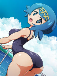 Rule 34 | 1girl, ass, blue eyes, blue hair, blue sky, blush, breasts, cloud, creatures (company), day, game freak, headband, huge ass, lana (pokemon), large breasts, looking at viewer, narrow waist, nintendo, ocean, one-piece swimsuit, open mouth, outdoors, pokemon, pokemon sm, regls, short hair, sky, smile, solo, swimsuit, trial captain, water, wide hips