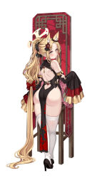 Rule 34 | 1girl, animal ear fluff, animal ears, ass, back, bare shoulders, blonde hair, blue archive, blush, breasts, cenangam, detached sleeves, dress, flower, forehead, fox ears, gradient eyes, hair flower, hair ornament, halo, high heels, highres, long hair, looking at viewer, looking back, multicolored eyes, parted bangs, pelvic curtain, ponytail, seia (blue archive), sidelocks, small breasts, solo, thighhighs, very long hair, yellow eyes
