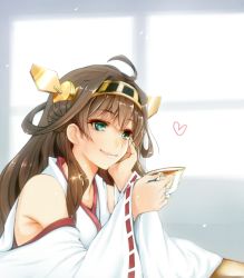 Rule 34 | 10s, 1girl, ahoge, bare shoulders, brown hair, head rest, detached sleeves, green eyes, hair ornament, hairband, heart, highres, japanese clothes, kantai collection, kongou (kancolle), lips, long hair, nontraditional miko, smile, solo, suteki shuushuuiin chou