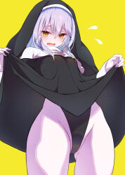 Rule 34 | 1girl, black leotard, black robe, blush, clothes lift, cowboy shot, dress, dress lift, duel monster, ghost sister &amp; spooky dogwood, habit, highres, jewelry, leotard, long hair, long sleeves, mosui (kori can), necklace, nun, open mouth, robe, sleeves past wrists, solo, traditional nun, white hair, yellow background, yellow eyes, yu-gi-oh!
