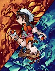 Rule 34 | 1boy, 1girl, beanie, bolteleppa, bow hairband, bracelet, brendan (pokemon), brown hair, closed mouth, commentary, creatures (company), from side, game freak, gen 3 pokemon, groudon, hairband, hat, highres, holding, holding poke ball, jewelry, kyogre, legendary pokemon, may (pokemon), nintendo, orange hairband, orange shirt, poke ball, poke ball (basic), pokemon, pokemon (creature), pokemon oras, primal groudon, primal kyogre, shirt, short hair, signature, sleeveless, sleeveless shirt, smile, tight clothes, tight shirt, turtleneck, white headwear