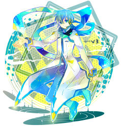 Rule 34 | 1boy, 7:24, blue eyes, blue hair, blue scarf, boots, coat, headset, kaito (vocaloid), kaito (vocaloid3), looking at viewer, male focus, matching hair/eyes, scarf, smile, solo, vocaloid