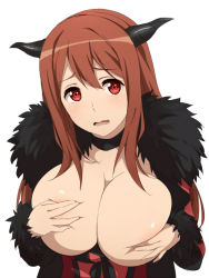 Rule 34 | 10s, 1girl, bad id, bad nijie id, blush, breasts, breasts out, breasts squeezed together, brown hair, choker, covering privates, covering breasts, covering nipples, demon girl, embarrassed, fur, horns, large breasts, long hair, looking at viewer, maou (maoyuu), maoyuu maou yuusha, md5 mismatch, official style, red eyes, resolution mismatch, shirokuma-kun, simple background, solo, upper body, wavy mouth, white background