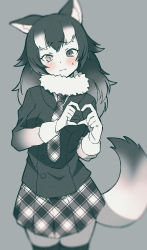 Rule 34 | 1girl, animal ears, bad id, bad twitter id, blush, commentary request, cowboy shot, enoki, fur collar, gloves, grey background, grey wolf (kemono friends), greyscale, heart, heart hands, heterochromia, highres, jacket, kemono friends, kemono friends 3, long hair, long sleeves, monochrome, necktie, plaid, plaid necktie, plaid neckwear, plaid skirt, pleated skirt, simple background, skirt, sleeve cuffs, solo, sweat, tail, thighhighs, wolf ears, wolf girl, wolf tail, zettai ryouiki