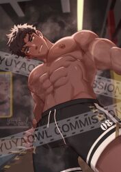 Rule 34 | 1boy, armpit hair, black hair, blue eyes, bulge, erection, erection under clothes, highres, male focus, muscular, muscular male, nipples, pectorals, shorts, solo, topless male, yuyaowl