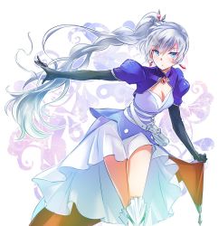Rule 34 | 1girl, braid, cropped jacket, dress, earrings, highres, iesupa, jewelry, long hair, long sleeves, necklace, pendant, ponytail, rwby, scar, scar across eye, scar on face, side braid, side ponytail, single braid, solo, tiara, weiss schnee, white dress, white hair