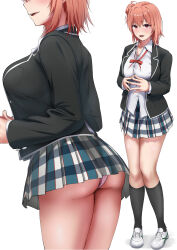 1girl :d absurdres ankurusu ass black_jacket blazer blush breasts commentary_request hair_bun head_out_of_frame highres jacket large_breasts looking_at_viewer multiple_views neck_ribbon open_clothes open_jacket open_mouth panties pantyshot pink_hair pink_panties plaid_clothes plaid_skirt pleated_skirt red_ribbon ribbon school_uniform shirt short_hair simple_background single_hair_bun single_side_bun skirt smile sobu_high_school_uniform standing tongue underwear white_background white_shirt yahari_ore_no_seishun_lovecome_wa_machigatteiru. yuigahama_yui