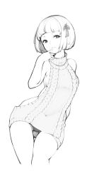 Rule 34 | 1girl, aran sweater, backless dress, backless outfit, bare shoulders, bob cut, breasts, cable knit, contrapposto, cropped legs, dress, greyscale, hair ornament, hair ribbon, halterneck, hand up, highres, linnkou, looking at viewer, meme attire, monochrome, original, panties, pantyshot, parted lips, ribbed sweater, ribbon, short hair, sketch, small breasts, smile, solo, standing, sweater, sweater dress, thighs, turtleneck, turtleneck sweater, underwear, virgin killer sweater