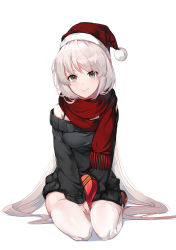 Rule 34 | 1girl, bad id, bad pixiv id, blush, closed mouth, dress, emyo, full body, grey eyes, hat, long hair, long sleeves, looking at viewer, off-shoulder, off-shoulder sweater, off shoulder, original, red scarf, santa hat, scarf, silver hair, smile, solo, sweater, sweater dress, thighhighs, v arms, very long hair, white thighhighs
