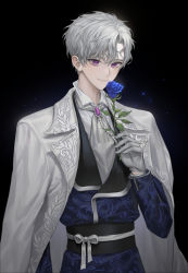 Rule 34 | 1boy, arm at side, bishounen, black background, blue flower, blue rose, brooch, flower, formal, gloves, grey neckwear, helio niccolo, highres, holding, holding flower, jewelry, male focus, micha, purple eyes, rose, smile, white gloves, white hair, your throne