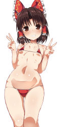 Rule 34 | &gt;:d, 1girl, :d, bare arms, bare shoulders, belly, benikurage (cookie), benjamin button suukina jinsei, bikini, blunt bangs, blush, bow, brown eyes, brown hair, cookie (touhou), covered erect nipples, cowboy shot, double v, flat chest, frilled bow, frills, gluteal fold, grin, hair bow, hair tubes, hakurei reimu, hand gesture, highres, looking at viewer, micro bikini, navel, open mouth, red bow, shiny skin, short hair, smile, solo, standing, stomach, swimsuit, tareme, teeth, thigh gap, touhou, v, v-shaped eyebrows, white background