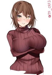 Rule 34 | 1girl, alternate costume, blush, breasts, brown hair, crossed arms, furutaka (kancolle), glowing, glowing eye, hair between eyes, hair ornament, hairclip, highres, kantai collection, large breasts, long sleeves, looking at viewer, red sweater, ribbed sweater, short hair, simple background, smile, solo, sweater, tf cafe, turtleneck, turtleneck sweater, twitter username, upper body, white background, yellow eyes