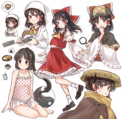 Rule 34 | 1girl, :o, alternate costume, ascot, bare legs, bare shoulders, barefoot, black eyes, black hair, blush, bobby socks, breasts, brown eyes, brown hair, commentary request, cropped torso, detached sleeves, frills, from side, full body, hair tubes, hakurei reimu, hat, head scarf, highres, long hair, long sleeves, looking at viewer, medium hair, multiple views, no hair bow, open mouth, orb, red skirt, red vest, reimu tyuki, rice, scarf, sitting, skirt, skirt set, small breasts, socks, spoken food, standing, standing on one leg, thought bubble, touhou, very long hair, vest, wide sleeves, yellow ascot, yin yang, yin yang orb, yokozuwari