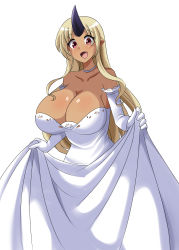 Rule 34 | 1girl, :d, absurdres, blonde hair, breasts, cleavage, collarbone, commentary, dark-skinned female, dark skin, dress, elbow gloves, english commentary, fang, gloves, highres, horns, huge breasts, long hair, looking at viewer, looking down, lucyfer, monster girl, monster musume no iru nichijou, off-shoulder dress, off shoulder, oni horns, open mouth, pointy ears, red eyes, simple background, single horn, smile, solo, tionishia, wedding dress, white background, white dress