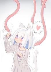 Rule 34 | 1girl, :3, absurdres, animal ears, blush, cat ears, cat tail, fukutchi, heart, highres, original, paw pose, sleeves past wrists, smile, spoken heart, sweater, tail, tentacles, white hair