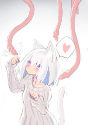 Rule 34 | 1girl, :3, absurdres, animal ears, blush, cat ears, cat tail, fukutchi, heart, highres, long sleeves, original, paw pose, sleeves past wrists, smile, spoken heart, sweater, tail, tentacles, white hair