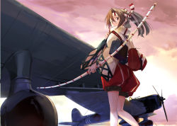 Rule 34 | 10s, 1girl, aichi d3a, aircraft, airplane, bow (weapon), brown eyes, brown hair, from below, frown, headband, high ponytail, kantai collection, long sleeves, looking back, matching hair/eyes, solo, sunrise, takeshima satoshi, weapon, wide sleeves, zuihou (kancolle)