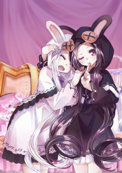 Rule 34 | 2girls, 54hao, ;), animal ears, animal hood, arm up, black dress, black hair, blurry, blurry background, brown eyes, buttons, capelet, closed eyes, closed mouth, commentary request, depth of field, dress, fake animal ears, hair ornament, hand on another&#039;s head, hand up, heart, highres, hood, hood up, hooded capelet, index finger raised, large buttons, long hair, long sleeves, looking at viewer, multiple girls, one eye closed, open mouth, original, parted bangs, rabbit ears, rabbit hood, siblings, sisters, smile, twins, very long hair, white capelet, white hair, wide sleeves, x hair ornament