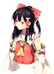 Rule 34 | 1girl, :/, ascot, bare shoulders, black hair, bow, detached sleeves, female focus, hair bow, hair tubes, hakurei reimu, japanese clothes, looking away, miko, ponytail, red eyes, sarashi, short hair, simple background, solo, subachi, touhou, upper body