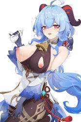 Rule 34 | 1girl, absurdres, baby bottle, bare shoulders, bell, berserker r, blue hair, blush, bodysuit, bottle, breasts, covered erect nipples, cowbell, cum, cum in container, cum on body, cum on breasts, cum on hands, cum on upper body, detached sleeves, eyelashes, flying sweatdrops, ganyu (genshin impact), genshin impact, gloves, goat horns, hair between eyes, hand on own hip, heart, heart-shaped pupils, highres, holding, horns, lactation, large breasts, light smile, long hair, looking at viewer, low ponytail, open mouth, puffy nipples, shiny skin, simple background, solo, standing, sweatdrop, symbol-shaped pupils, tassel, torn bodysuit, torn clothes, vision (genshin impact), white background, ||/