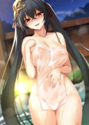 Rule 34 | 1girl, ahoge, armpit crease, azur lane, black hair, blurry, blurry background, blush, breasts, cleavage, collarbone, commentary request, covering privates, cowboy shot, crossed bangs, hair between eyes, hair ribbon, hand on own stomach, highres, holding, holding towel, ipuu (el-ane koubou), large breasts, light, long hair, looking at viewer, mask, mask on head, naked towel, night, nipples, nude cover, onsen, open mouth, outdoors, red eyes, red ribbon, ribbon, see-through, sidelocks, smile, solo, steam, striped ribbon, taihou (azur lane), teeth, thighs, towel, upper teeth only, very long hair, wet, wet towel
