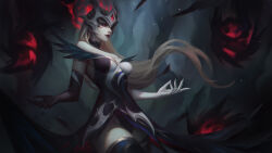 Rule 34 | 1girl, absurdres, artist name, bare shoulders, black dress, breasts, cleavage, closed mouth, coven syndra, dress, energy ball, gem, glowing, grey background, groin, helmet, highres, large breasts, league of legends, long hair, magic, medium breasts, multicolored clothes, multicolored dress, piscina, purple eyes, smile, solo, syndra, thighhighs, white hair