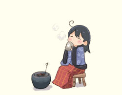 Rule 34 | 1girl, ahoge, black hair, blanket, closed eyes, commentary request, cup, drinking, grill, happi, japanese clothes, kantai collection, long hair, mug, negative space, saiguchi otoufu, simple background, sitting, solo, ushio (kancolle), white background