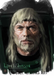 Rule 34 | 1boy, absurdres, armor, artist name, beard, black headband, blonde hair, blue eyes, character name, closed mouth, dated, facial hair, green armor, headband, highres, initial, lion el&#039;jonson, long hair, looking at viewer, male focus, miguel iglesias, portrait, sketch, warhammer 40k, white background