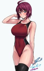 Rule 34 | 1girl, ahoge, black thighhighs, blue eyes, breasts, competition swimsuit, dated, groin, gundam, gundam seed, gundam seed destiny, highleg, highleg swimsuit, highres, large breasts, looking at viewer, lunamaria hawke, one-piece swimsuit, purple hair, red one-piece swimsuit, short hair, signature, simple background, solo, swimsuit, thighhighs, twitter username, two-tone swimsuit, white background, yoo tenchi