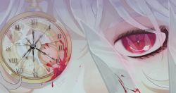 Rule 34 | 1girl, blood, blood drip, bloody knife, clock hands, crack, cracked glass, dated, eye focus, eye reflection, eyebrows, eyelashes, face, hair between eyes, holding, holding knife, izayoi sakuya, knife, looking at viewer, lummy (merry dial), one eye covered, pocket watch, red eyes, reflection, roman numeral, signature, silver hair, solo, touhou, watch