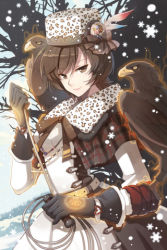Rule 34 | 1girl, animal, animal on arm, animal on shoulder, arm warmers, asymmetrical bangs, belt, bird, bird on arm, bird on shoulder, bow, brown eyes, brown hair, dress, eagle, feathers, gloves, grin, hat, hat ribbon, heart, holding, long sleeves, looking at viewer, lowres, magic circle, plaid, ribbon, shawl, short hair, smile, snow, snowflakes, snowing, solo, sword girls, tree, whip